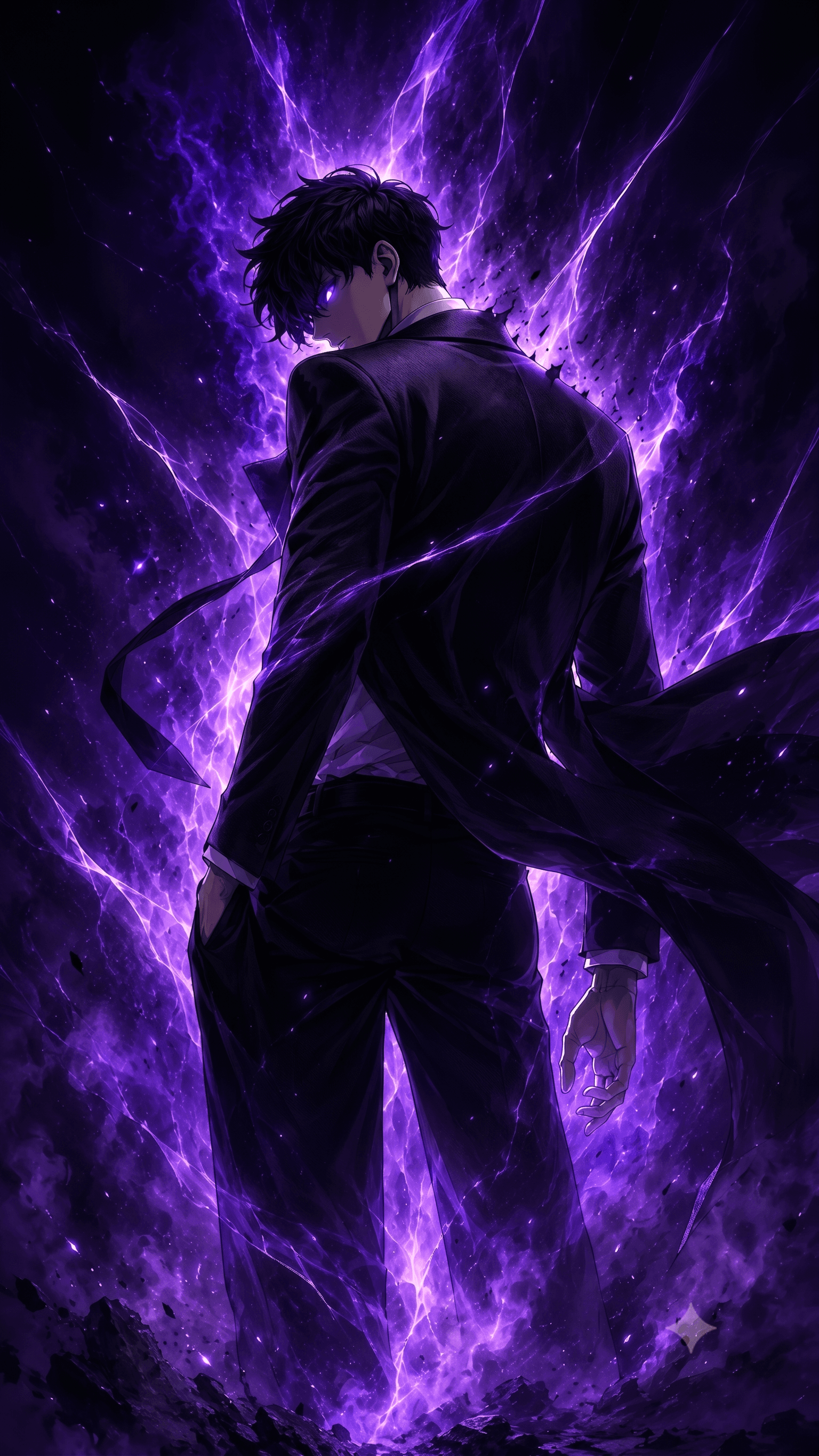 A lone hunter wreathed in surging violet energy, seen from behind